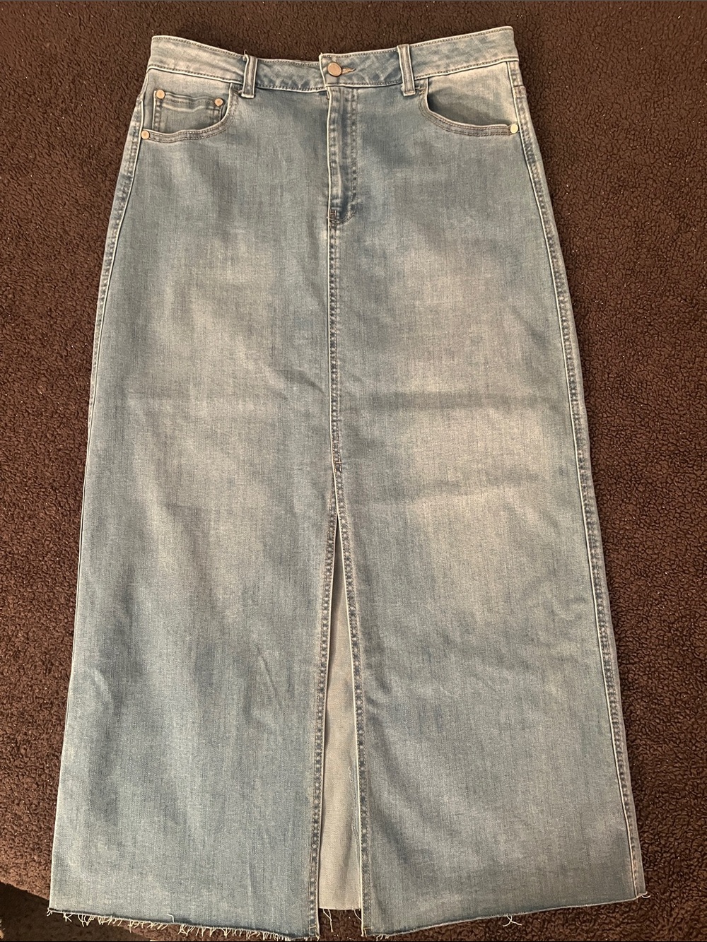 Oat New York Light Blue Denim Maxi Skirt with Center Front Slit Soft, Stretchy